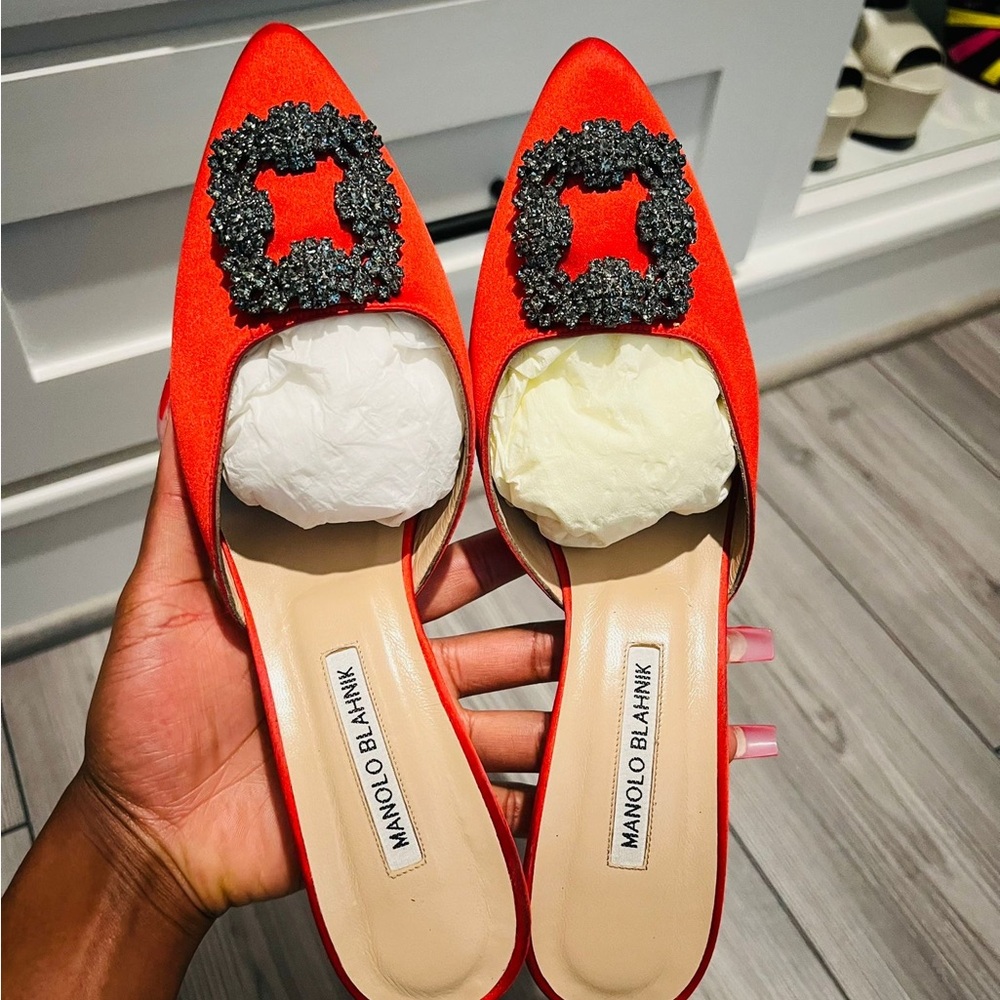 Manolo Blahnik Orange Embellished Flats
